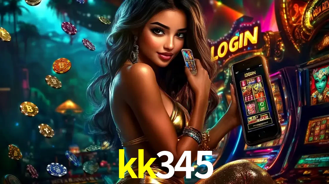 Mulher em um cenário de cassino temático de aventura, mostrando o app de caça-níqueis da kk345 no celular. Fichas de apostas flutuam ao redor.