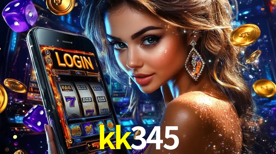 Mulher glamorosa segurando um smartphone com a tela de login para os jogos de caça-níqueis do cassino online kk345, com moedas de ouro e dados ao redor.